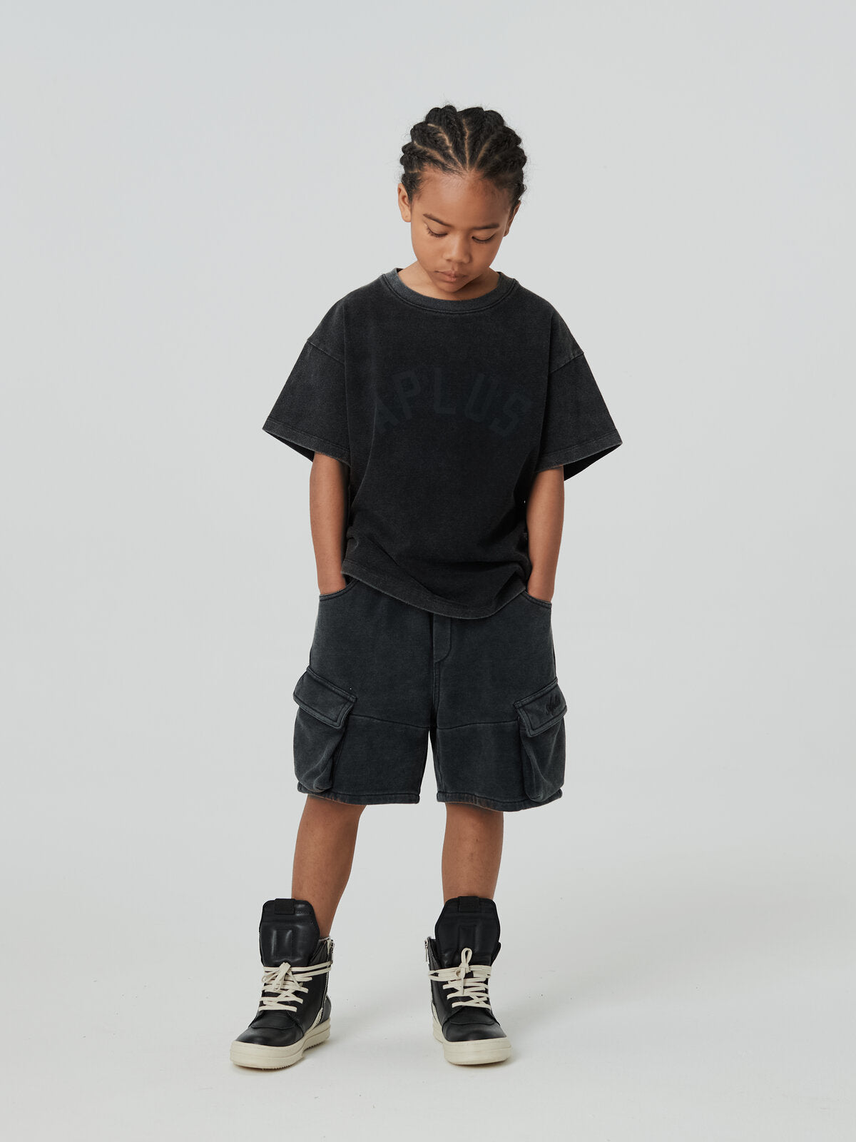 Kids APLUS DMINUS Tonal Arch Logo Heavyweight Washed T-Shirt – 100% Cotton Boxy Fit Tee