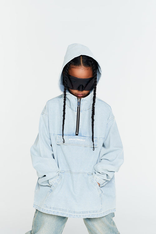 Kids APLUS DMINUS Washed Denim Half-Zip Anorak – Oversized Hooded Utility Jacket