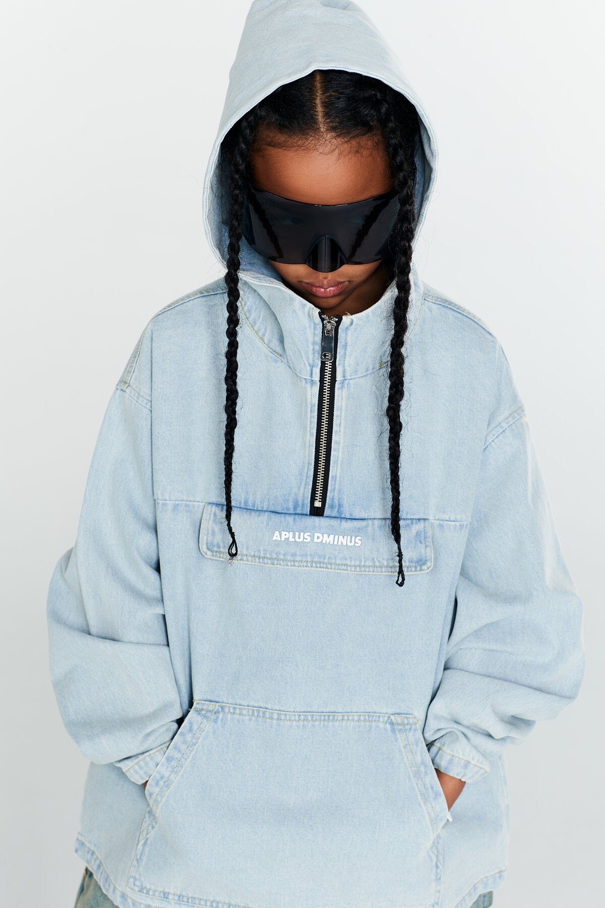 Kids APLUS DMINUS Washed Denim Half-Zip Anorak – Oversized Hooded Utility Jacket