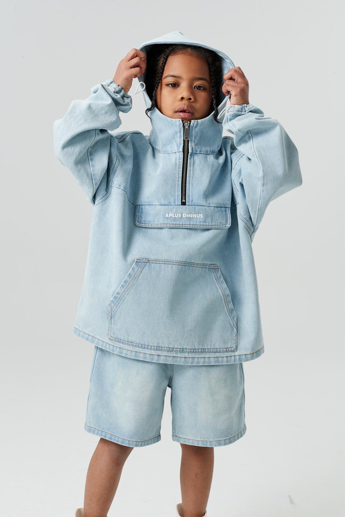 Kids APLUS DMINUS Washed Denim Half-Zip Anorak – Oversized Hooded Utility Jacket