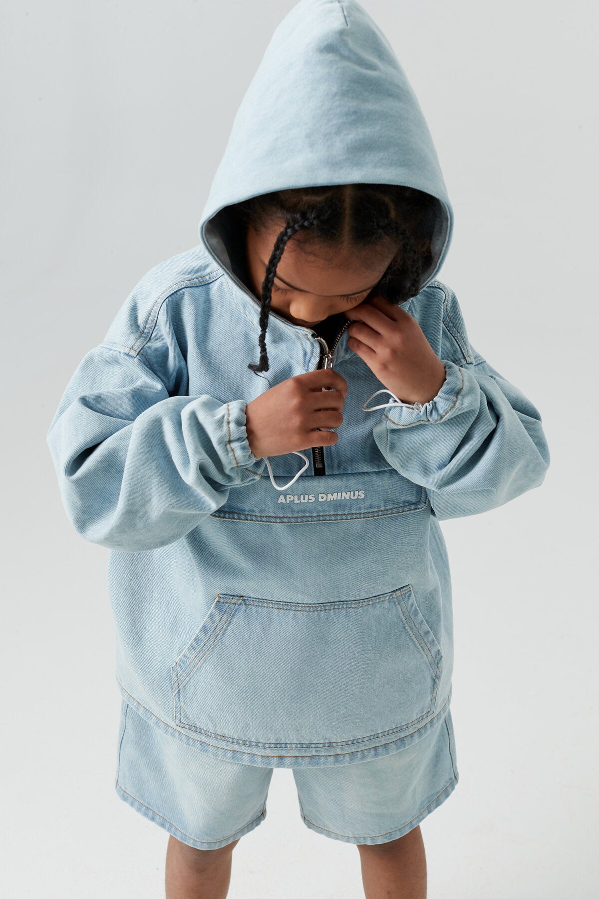 Kids APLUS DMINUS Washed Denim Half-Zip Anorak – Oversized Hooded Utility Jacket