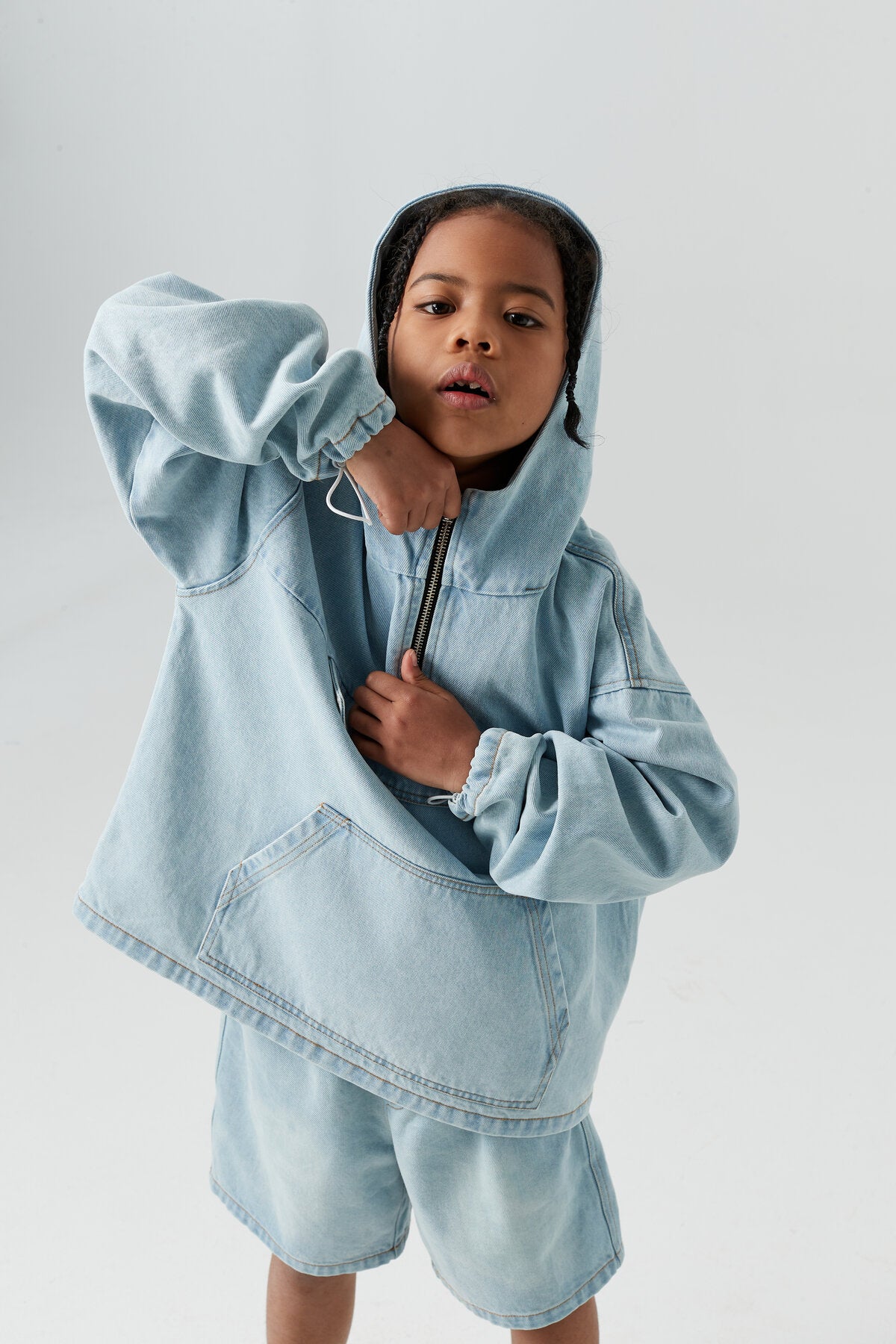 Kids APLUS DMINUS Washed Denim Half-Zip Anorak – Oversized Hooded Utility Jacket