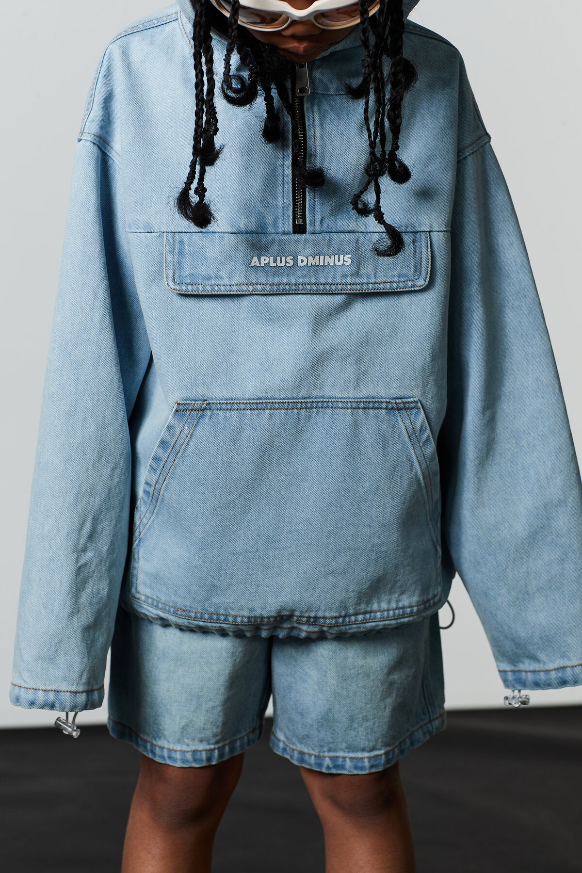Kids APLUS DMINUS Washed Denim Half-Zip Anorak – Oversized Hooded Utility Jacket