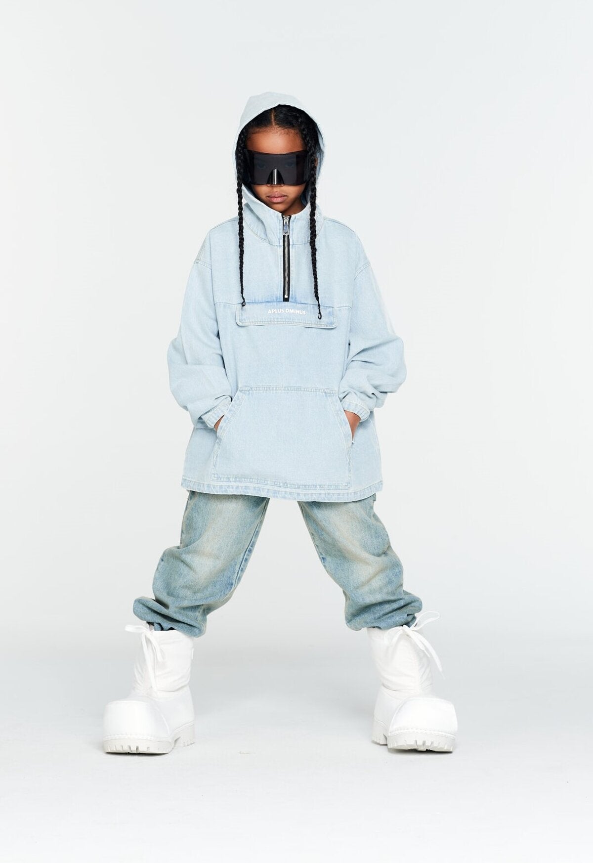 Kids APLUS DMINUS Washed Denim Half-Zip Anorak – Oversized Hooded Utility Jacket
