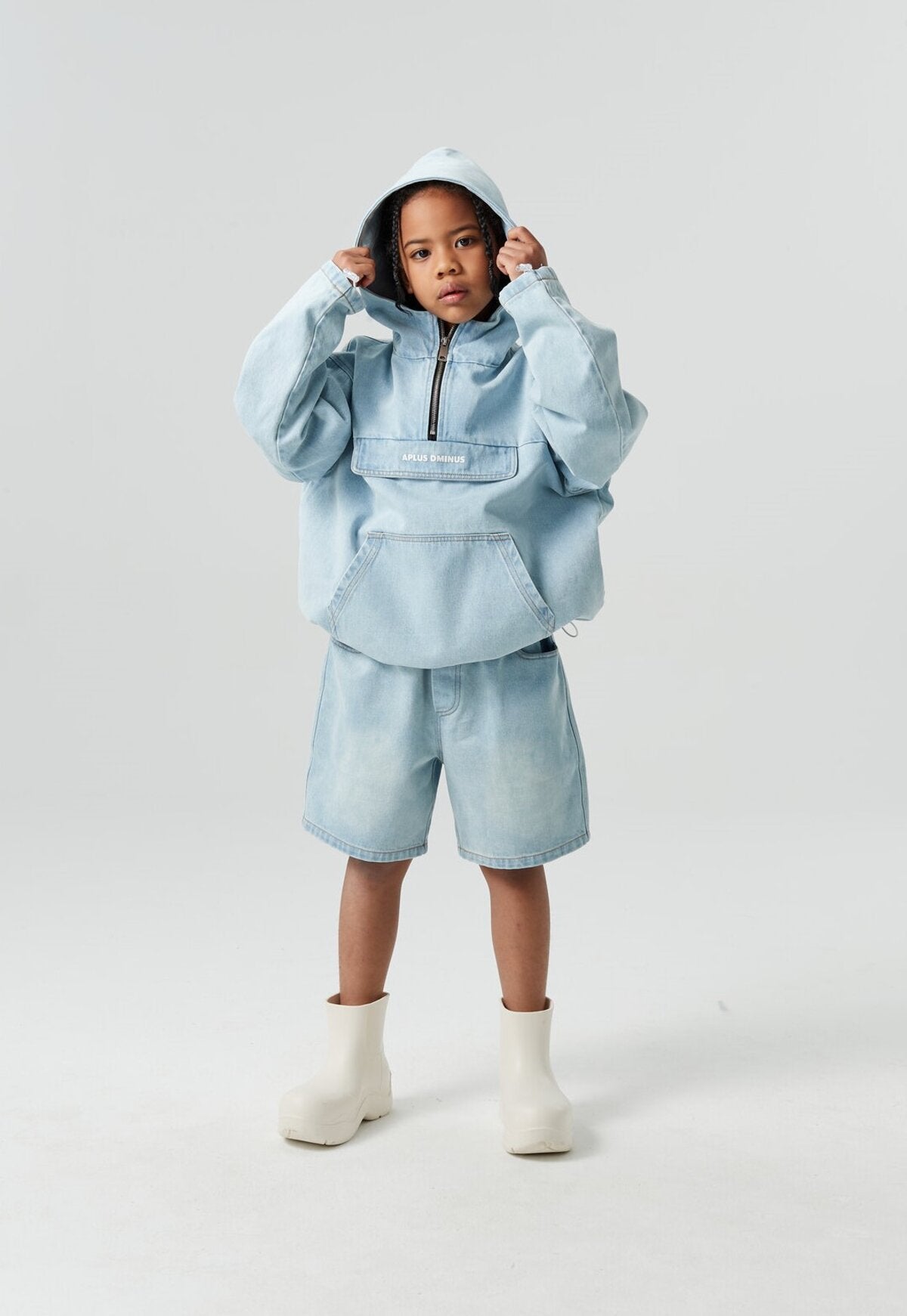 Kids APLUS DMINUS Washed Denim Half-Zip Anorak – Oversized Hooded Utility Jacket