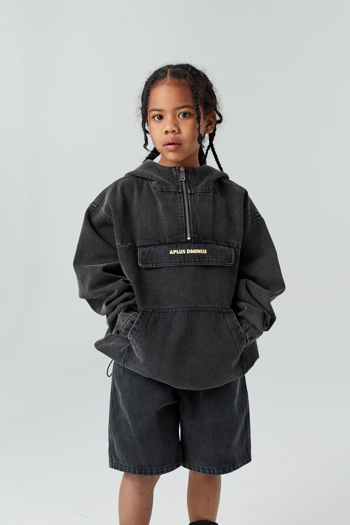 Kids APLUS DMINUS Washed Denim Half-Zip Anorak – Oversized Hooded Utility Jacket