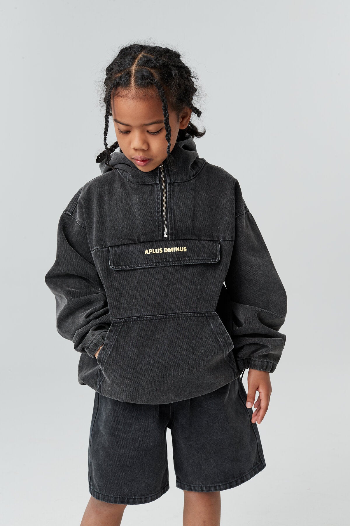 Kids APLUS DMINUS Washed Denim Half-Zip Anorak – Oversized Hooded Utility Jacket