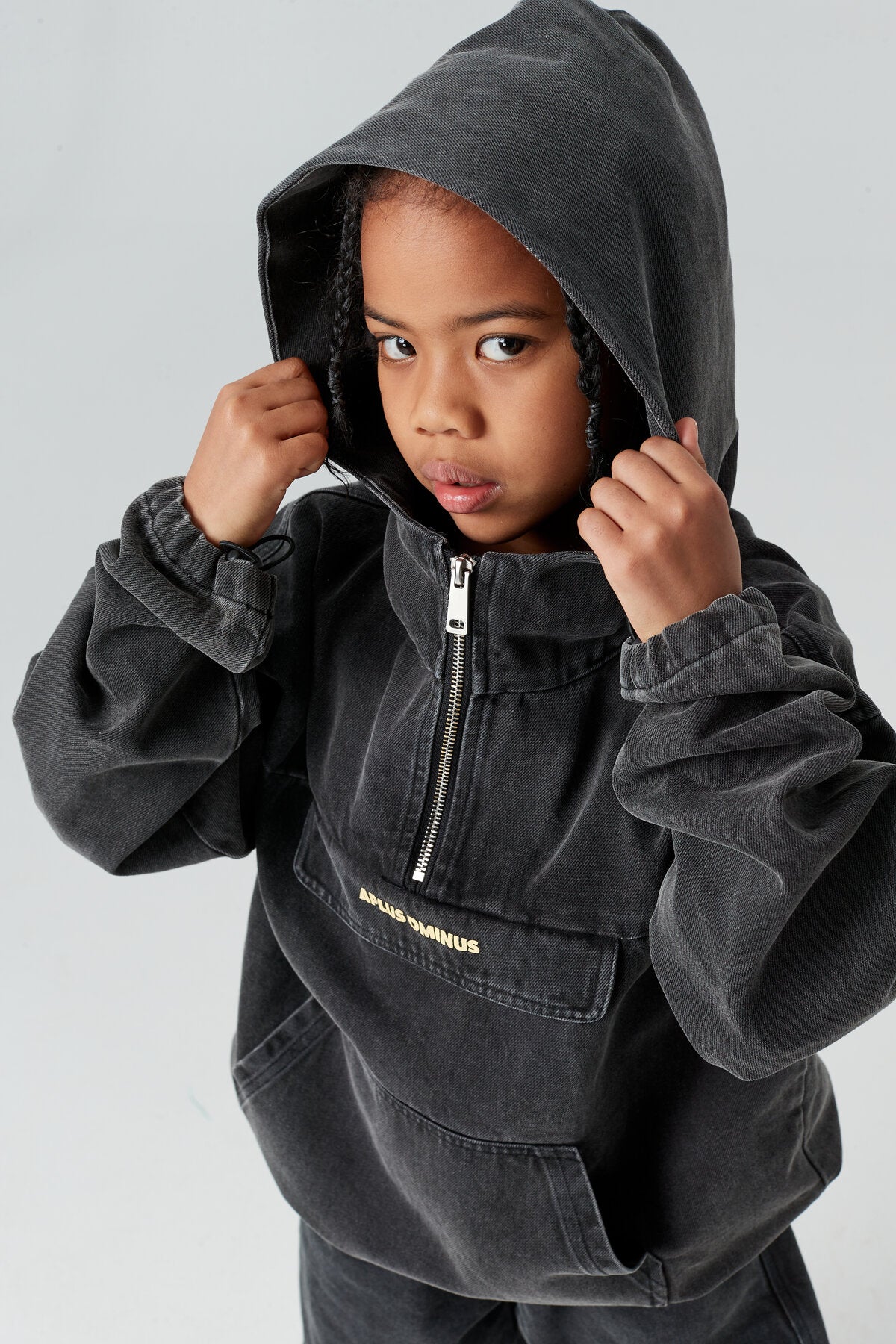 Kids APLUS DMINUS Washed Denim Half-Zip Anorak – Oversized Hooded Utility Jacket
