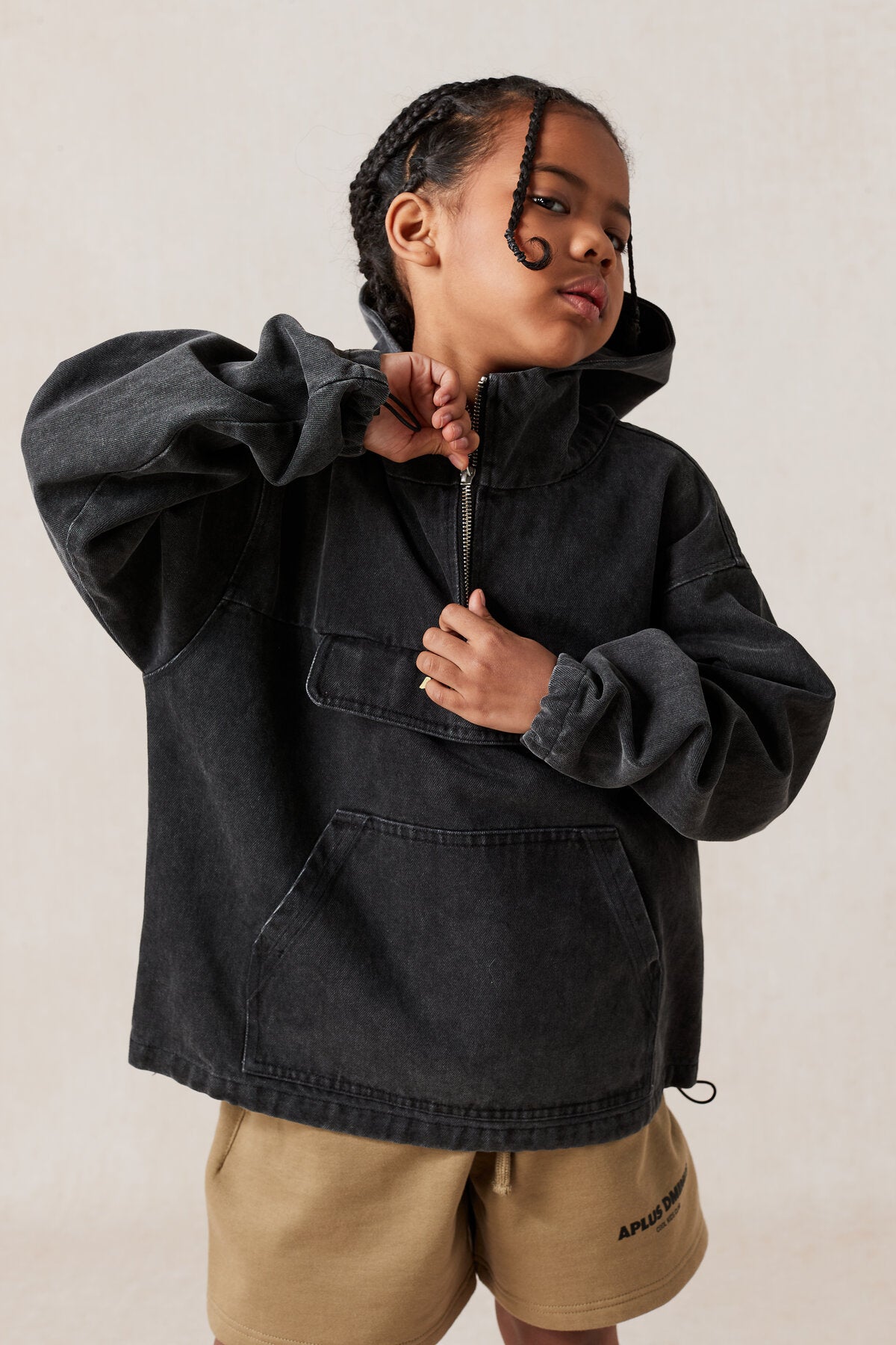 Kids APLUS DMINUS Washed Denim Half-Zip Anorak – Oversized Hooded Utility Jacket