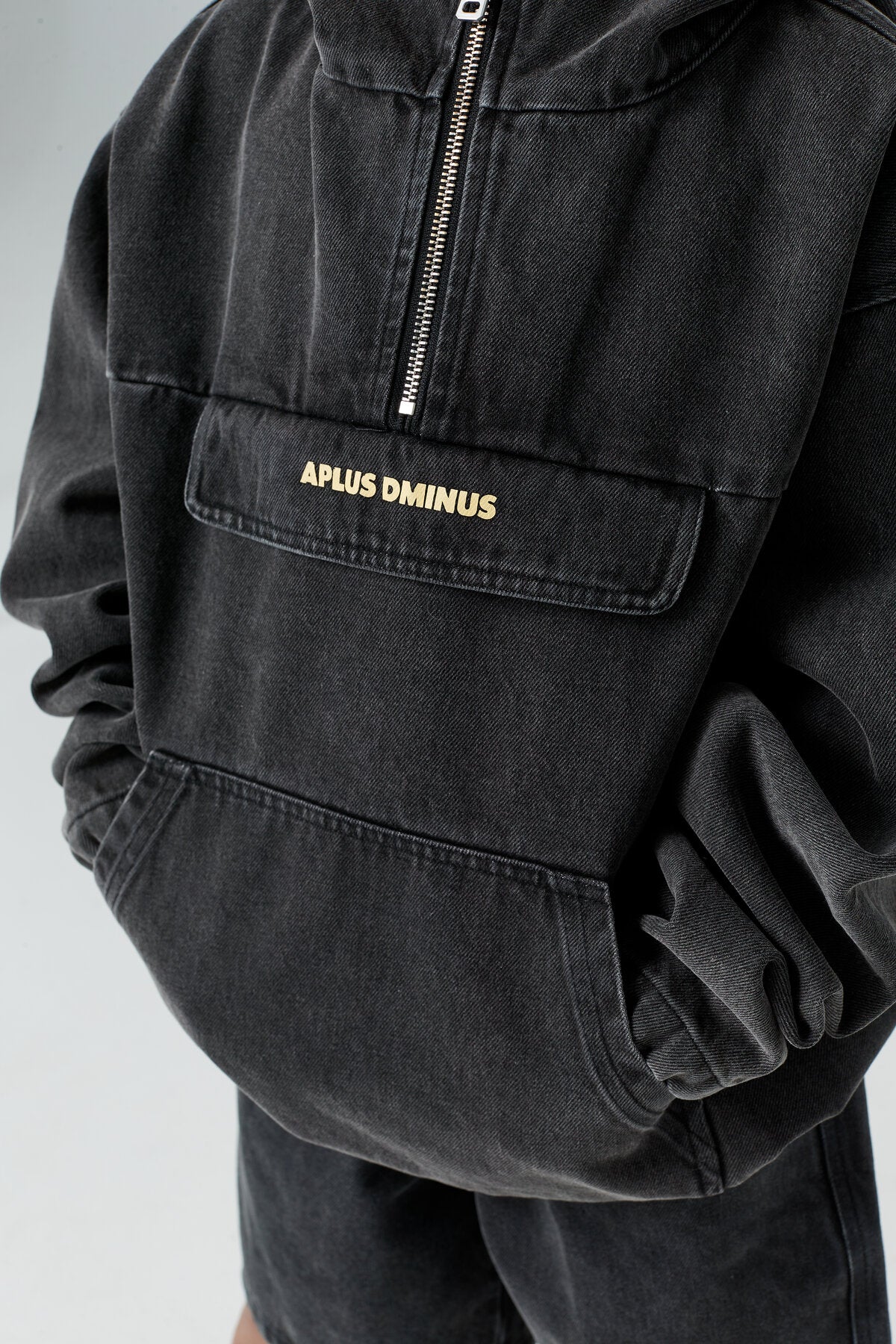Kids APLUS DMINUS Washed Denim Half-Zip Anorak – Oversized Hooded Utility Jacket