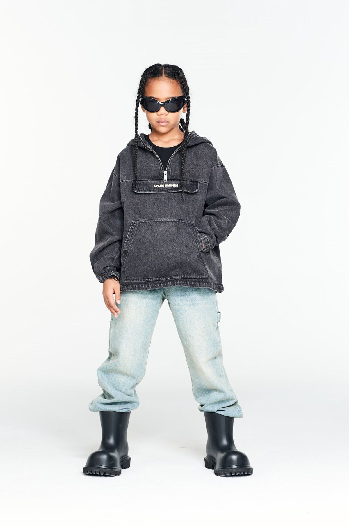 Kids APLUS DMINUS Washed Denim Half-Zip Anorak – Oversized Hooded Utility Jacket