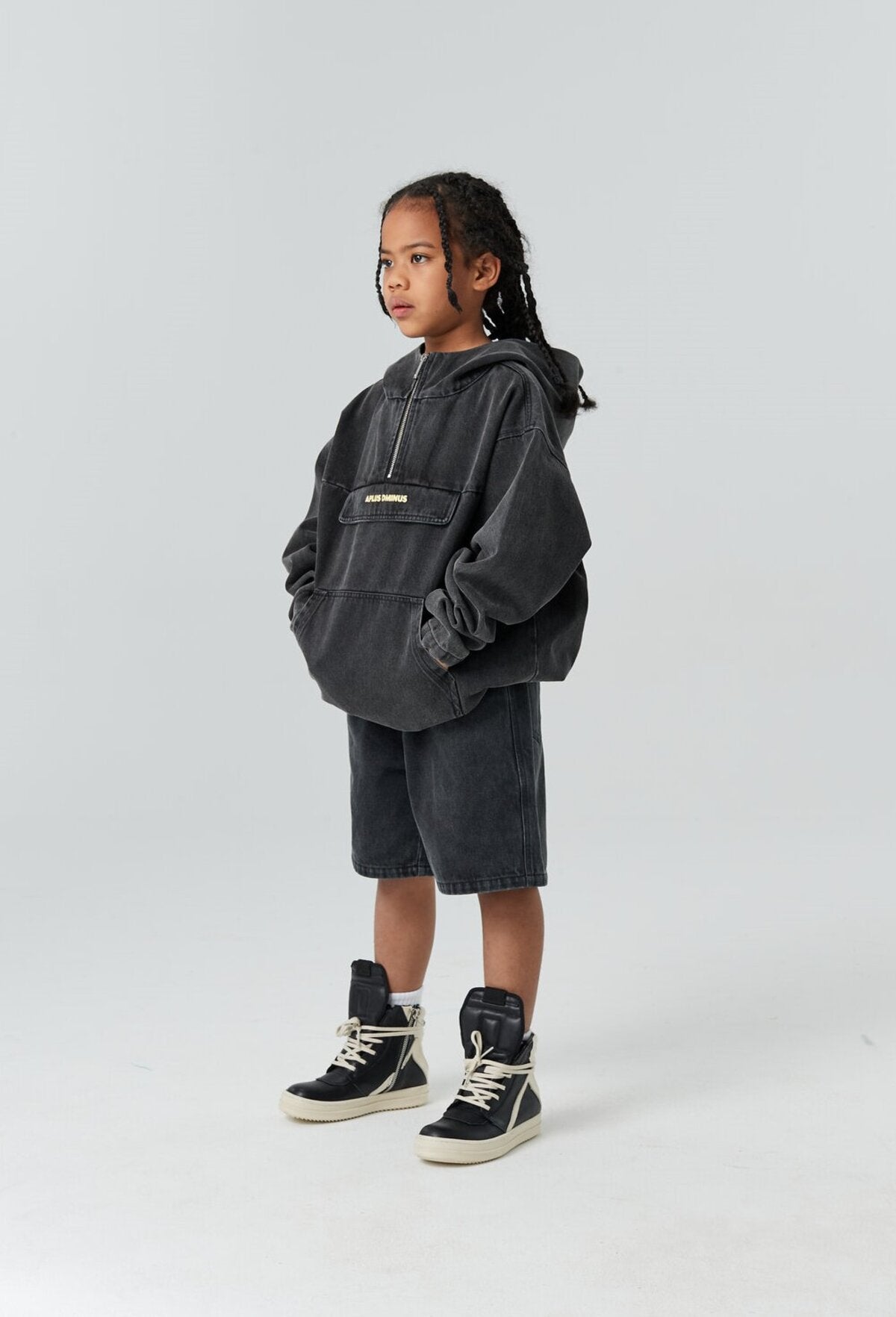 Kids APLUS DMINUS Washed Denim Half-Zip Anorak – Oversized Hooded Utility Jacket