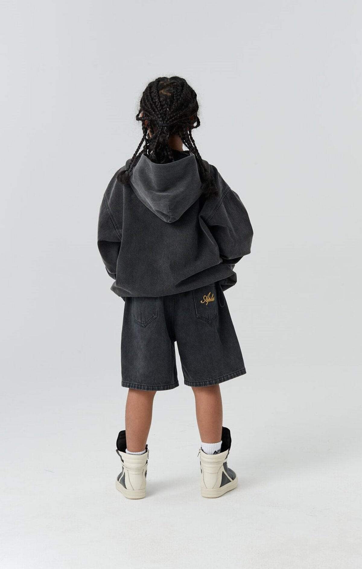 Kids APLUS DMINUS Washed Denim Half-Zip Anorak – Oversized Hooded Utility Jacket