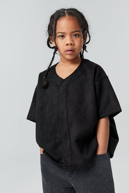 Kids Faux Suede Baseball Jersey – Magnetic Snap Button Boxy Layering Top