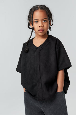 Kids Faux Suede Baseball Jersey – Magnetic Snap Button Boxy Layering Top
