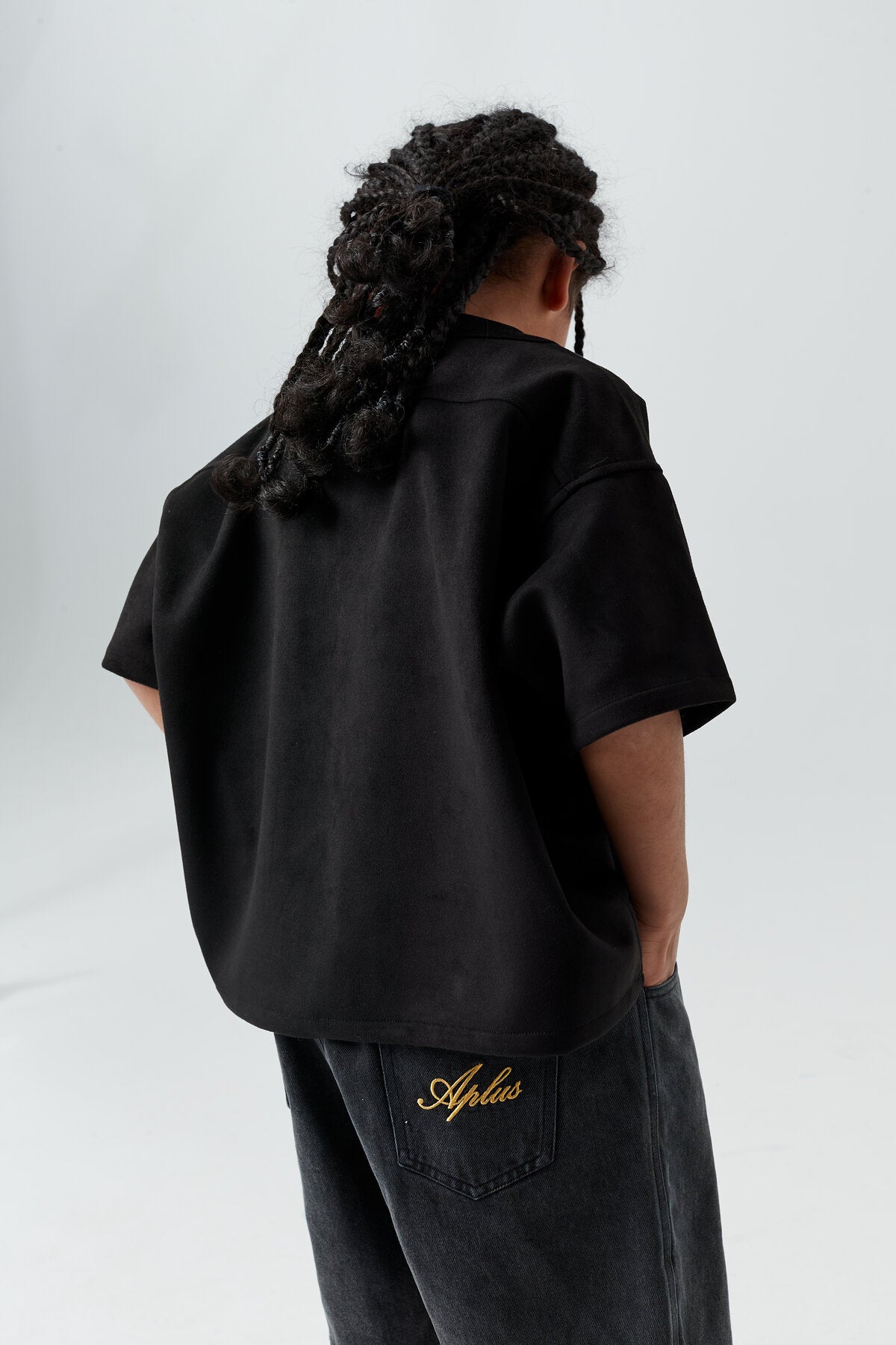 Kids Faux Suede Baseball Jersey – Magnetic Snap Button Boxy Layering Top