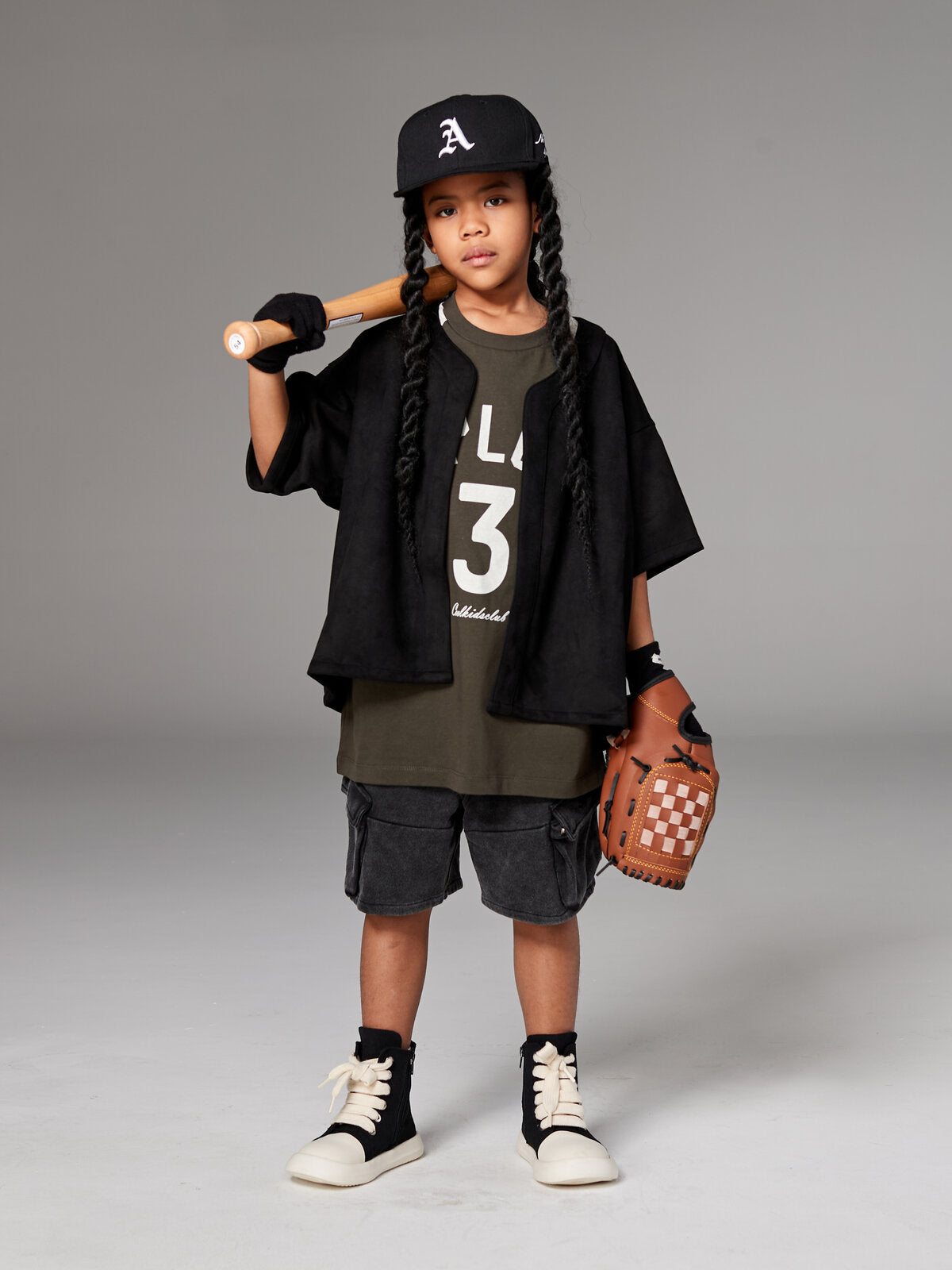 Kids Faux Suede Baseball Jersey – Magnetic Snap Button Boxy Layering Top