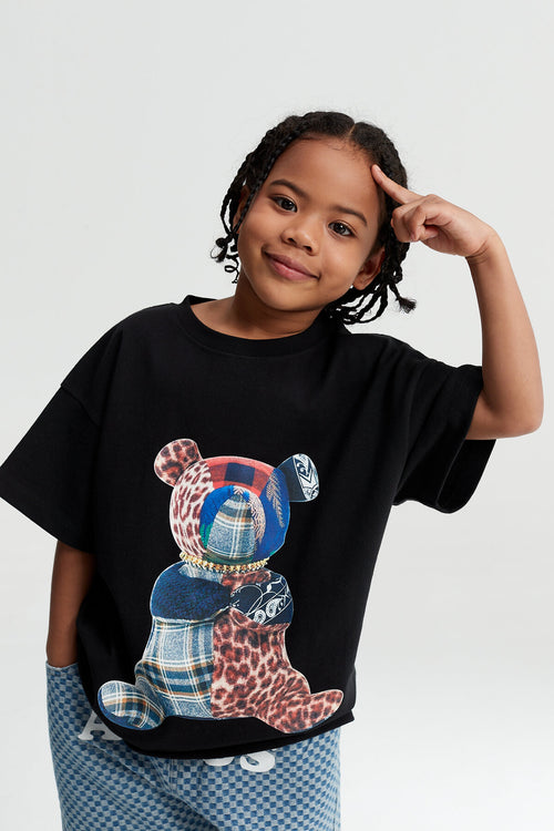 Kids Patchwork Teddy Bear Graphic T-Shirt – 100% Cotton Screen-Printed APLUS DMINUS Tee