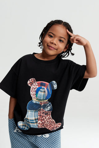Kids Patchwork Teddy Bear Graphic T-Shirt – 100% Cotton Screen-Printed APLUS DMINUS Tee