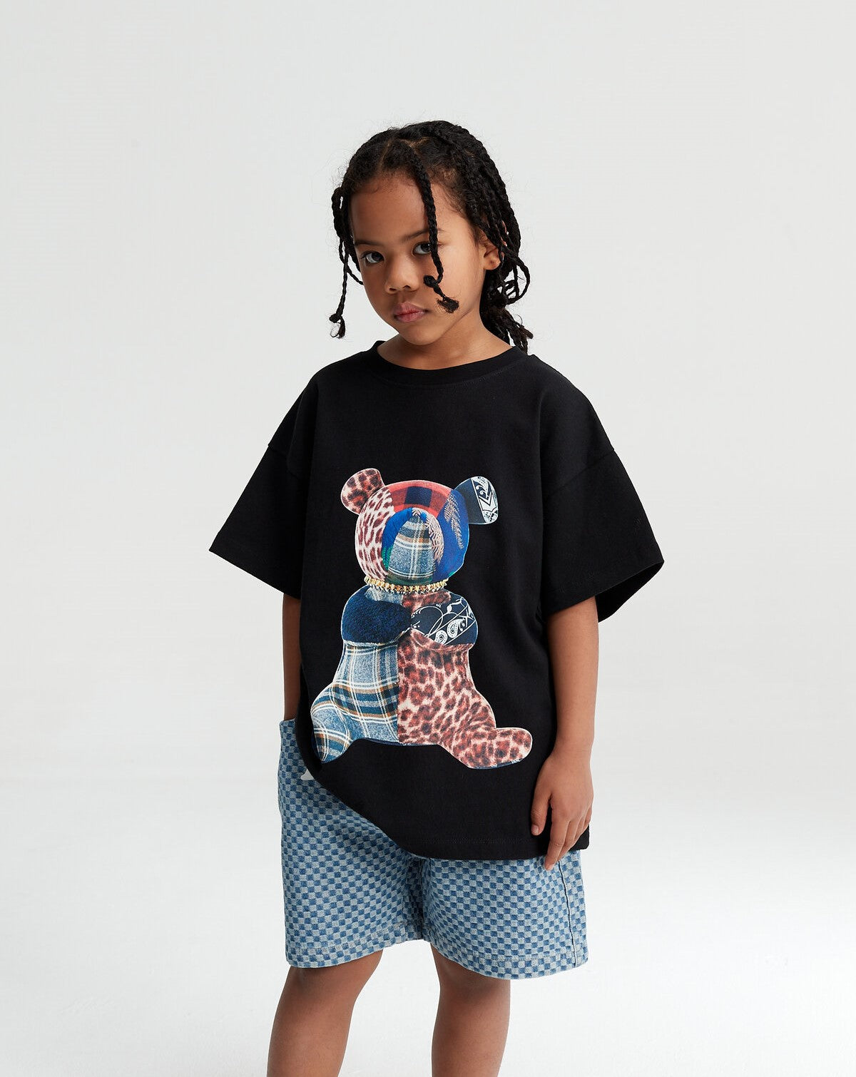 Kids Patchwork Teddy Bear Graphic T-Shirt – 100% Cotton Screen-Printed APLUS DMINUS Tee