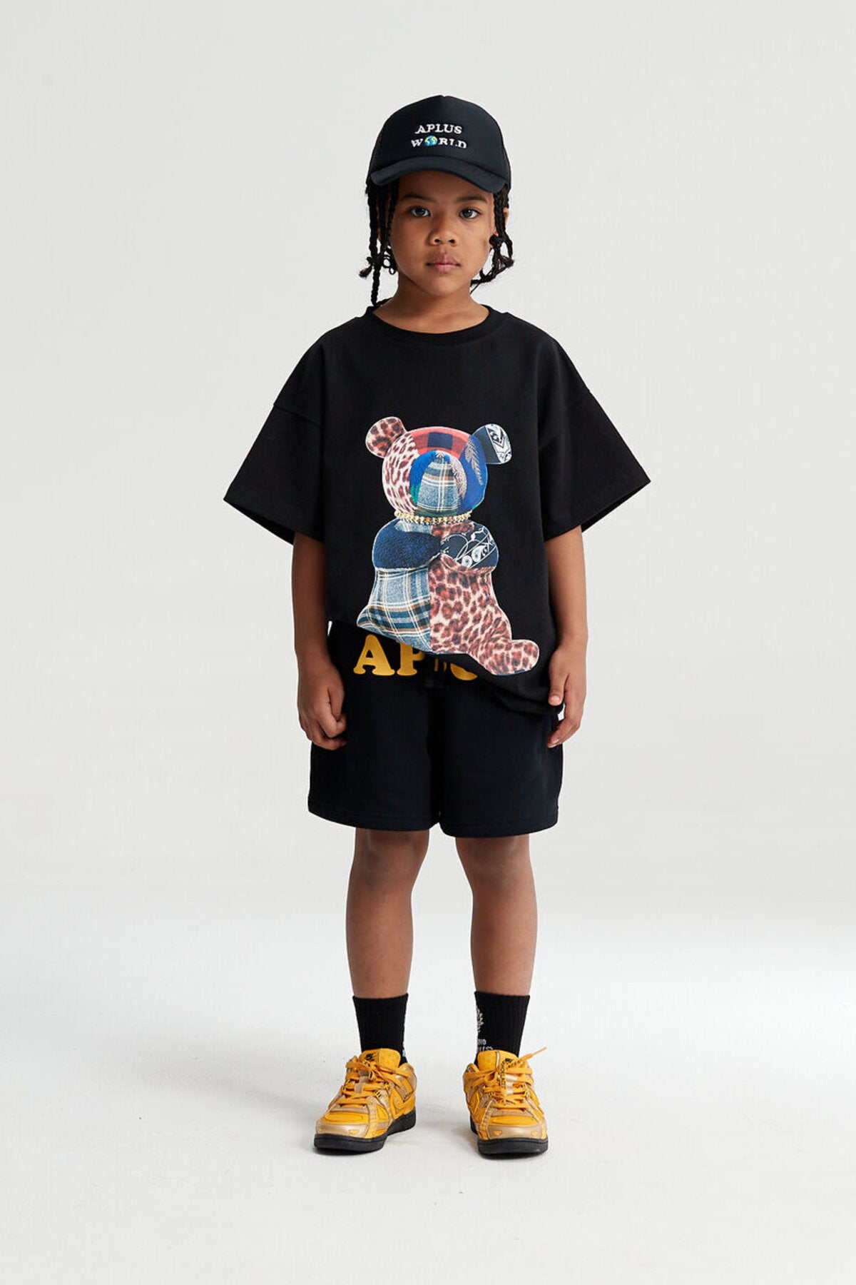 Kids Patchwork Teddy Bear Graphic T-Shirt – 100% Cotton Screen-Printed APLUS DMINUS Tee
