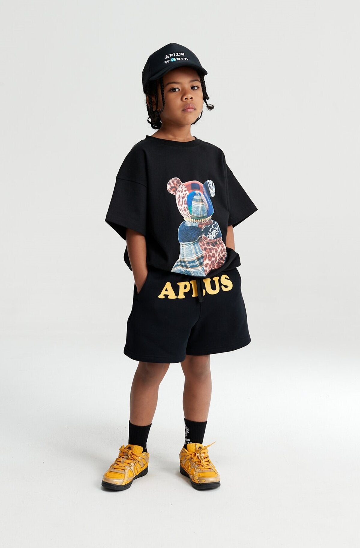 Kids Patchwork Teddy Bear Graphic T-Shirt – 100% Cotton Screen-Printed APLUS DMINUS Tee