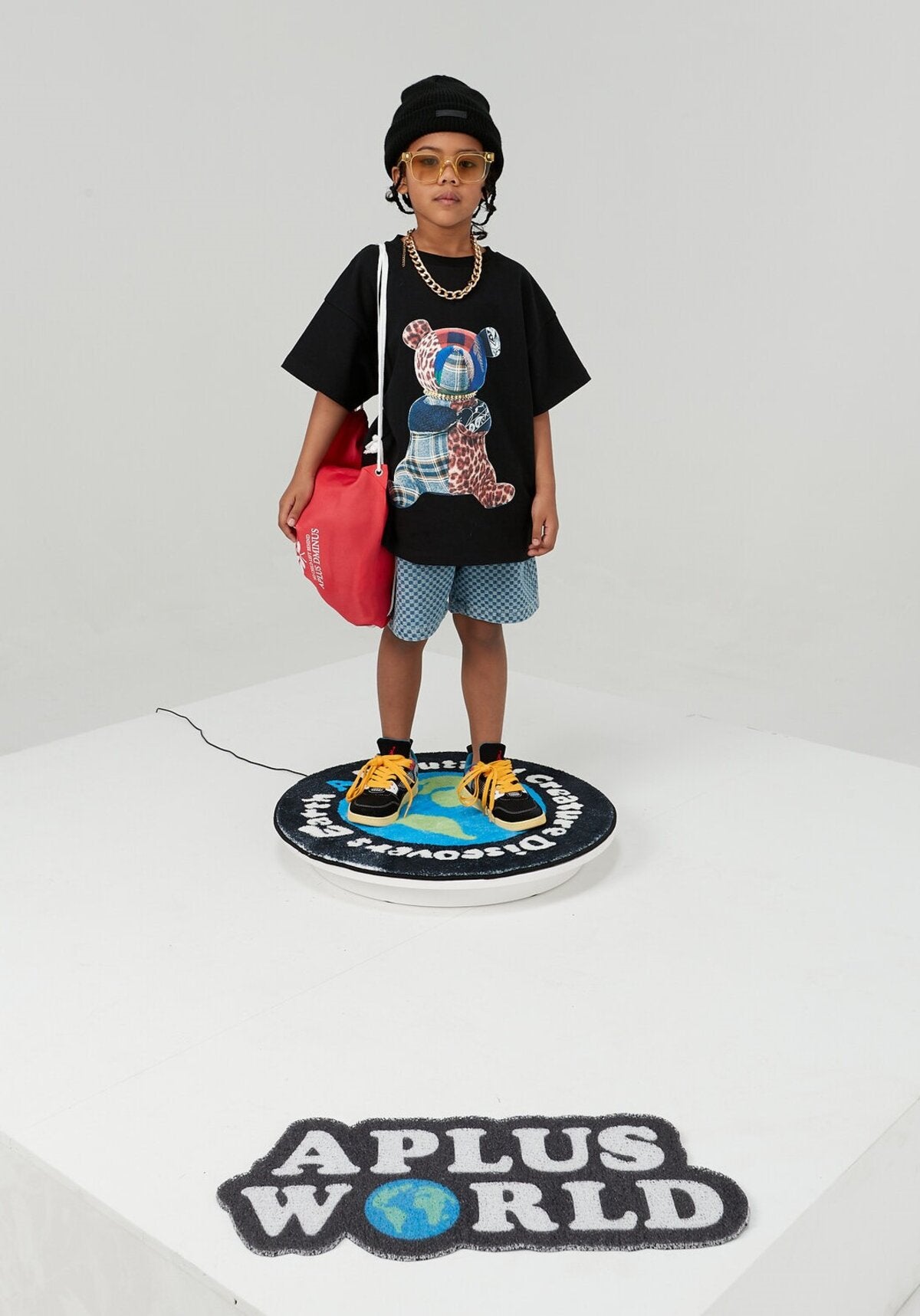 Kids Patchwork Teddy Bear Graphic T-Shirt – 100% Cotton Screen-Printed APLUS DMINUS Tee
