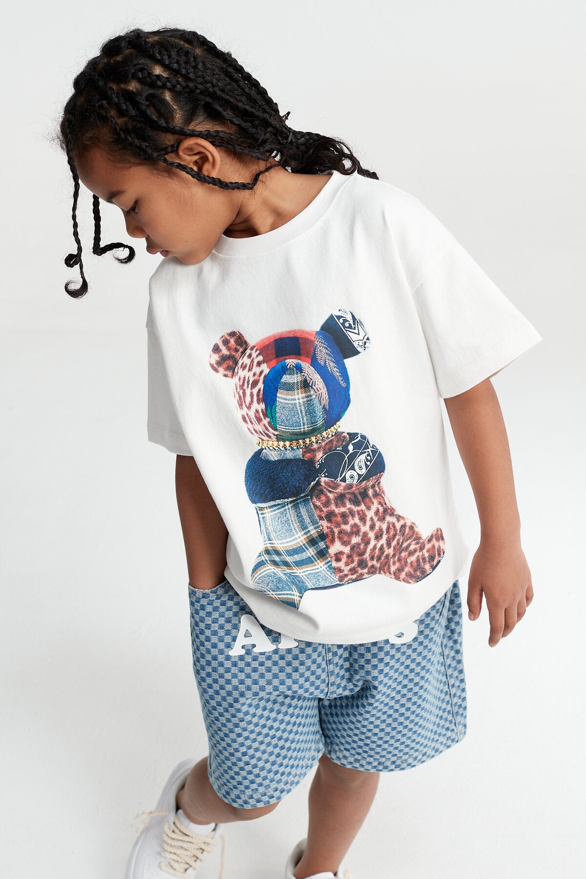 Kids Patchwork Teddy Bear Graphic T-Shirt – 100% Cotton Screen-Printed APLUS DMINUS Tee