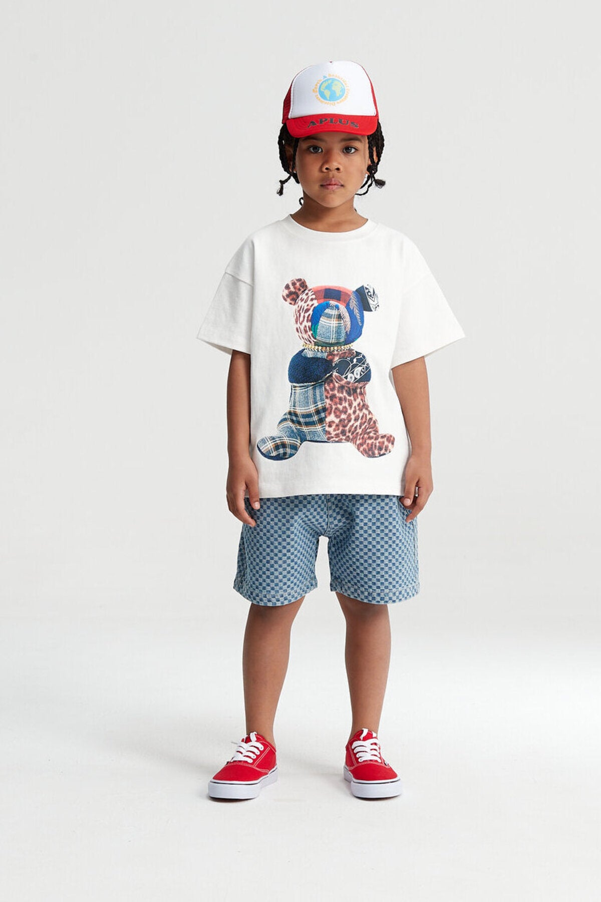 Kids Patchwork Teddy Bear Graphic T-Shirt – 100% Cotton Screen-Printed APLUS DMINUS Tee