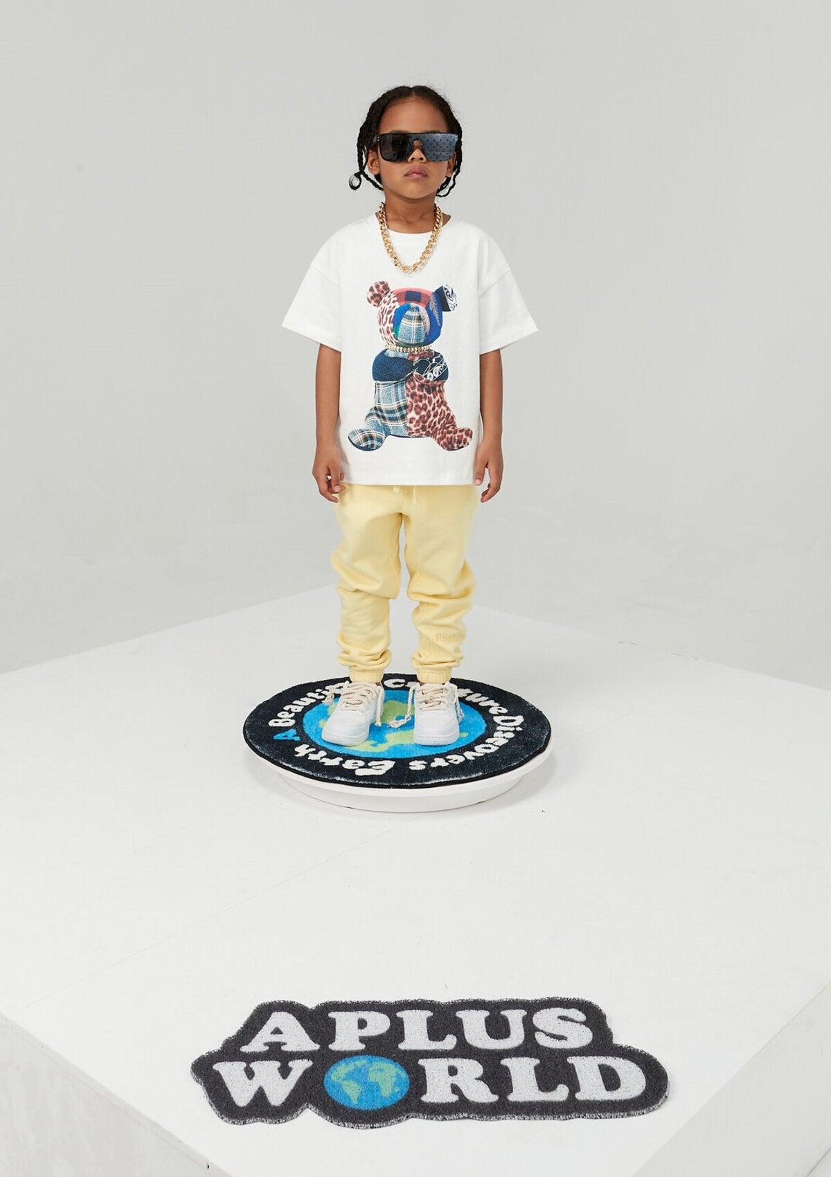 Kids Patchwork Teddy Bear Graphic T-Shirt – 100% Cotton Screen-Printed APLUS DMINUS Tee