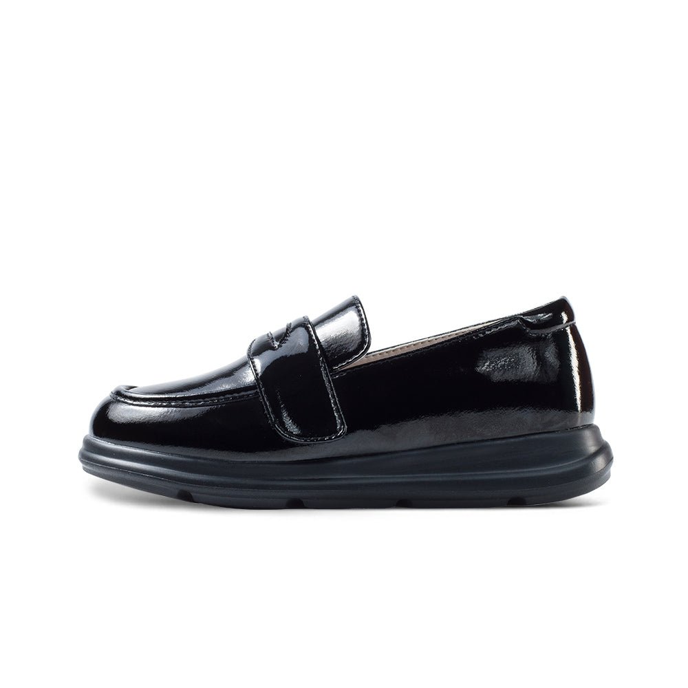 kids unisex lightweight patent black loafers all black 1