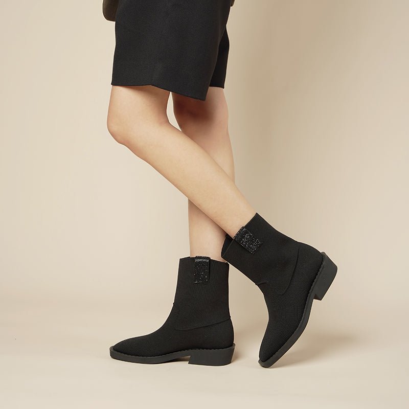 Knit Block Heel Ankle Boots – Pointed Toe Vintage Posh Boots