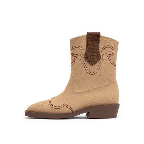 Knit Cowboy Boots – Pointed Toe Mid Calf Western Flat Boots