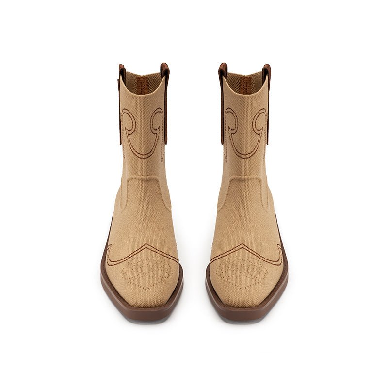 Knit Cowboy Boots – Pointed Toe Mid Calf Western Flat Boots