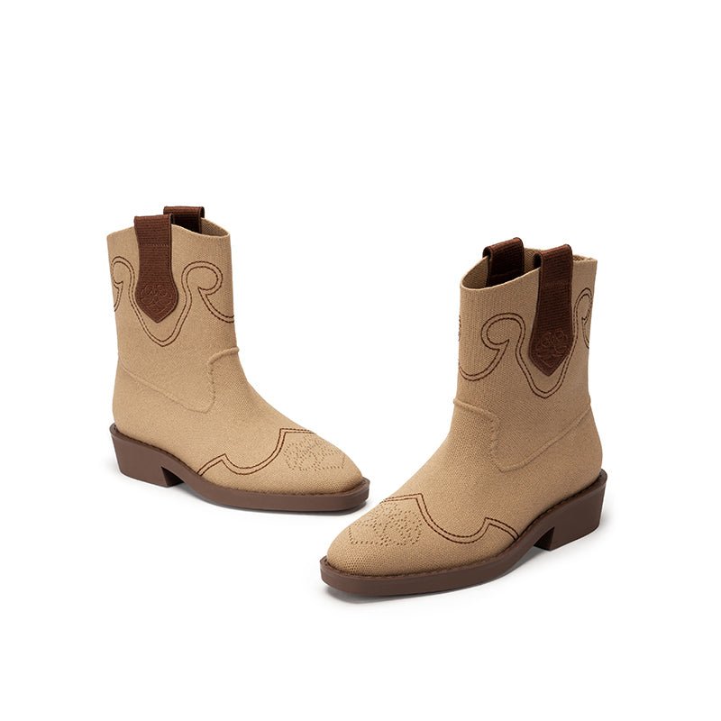 Knit Cowboy Boots – Pointed Toe Mid Calf Western Flat Boots