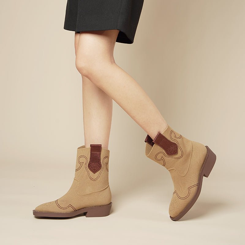 Knit Cowboy Boots – Pointed Toe Mid Calf Western Flat Boots