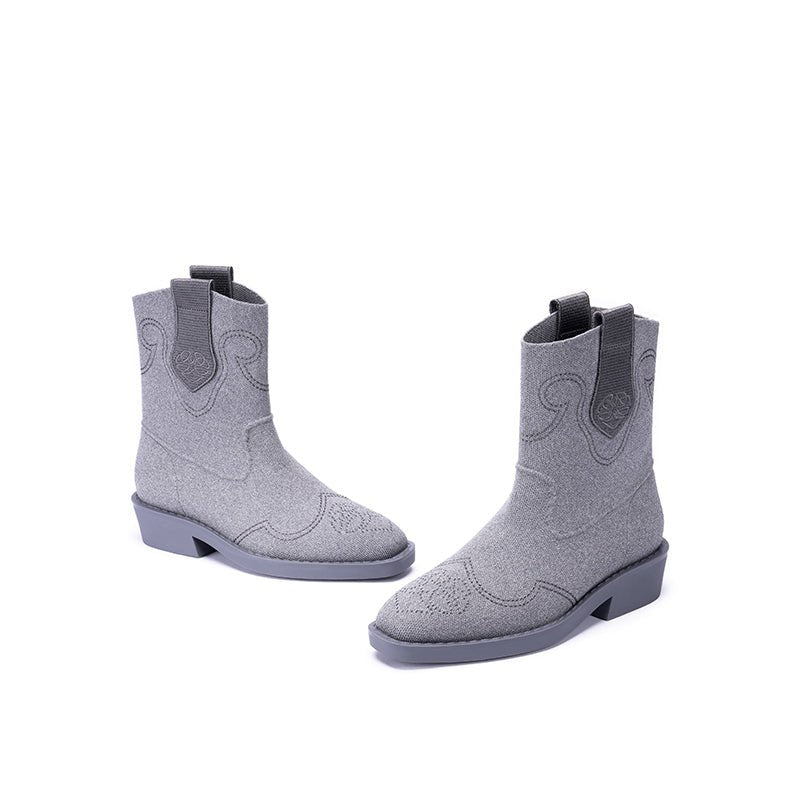 Knit Cowboy Boots – Pointed Toe Mid Calf Western Flat Boots