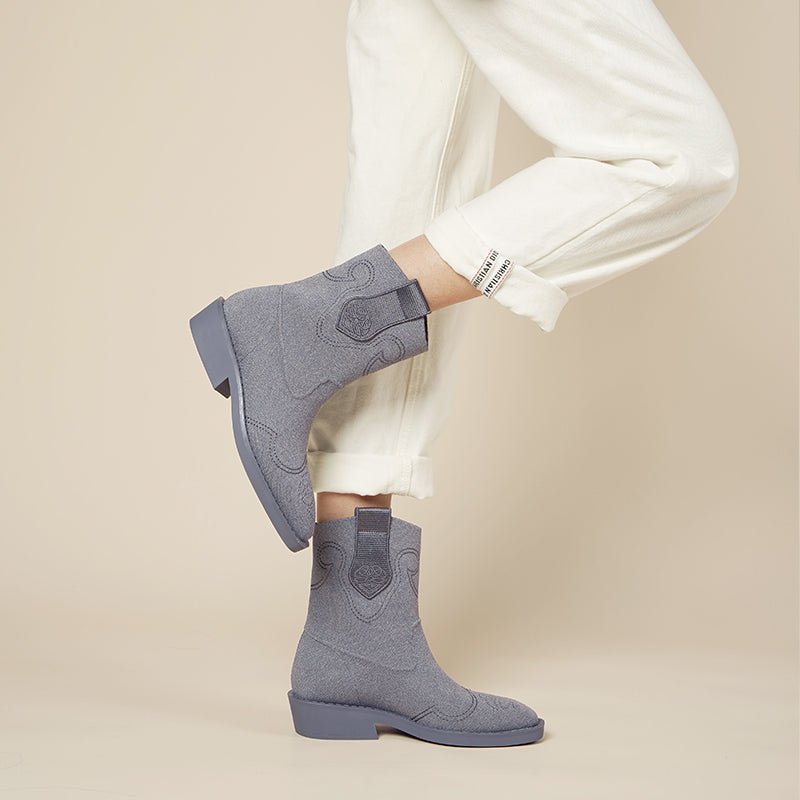 Knit Cowboy Boots – Pointed Toe Mid Calf Western Flat Boots