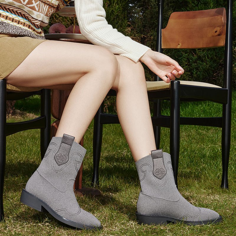 Knit Cowboy Boots – Pointed Toe Mid Calf Western Flat Boots