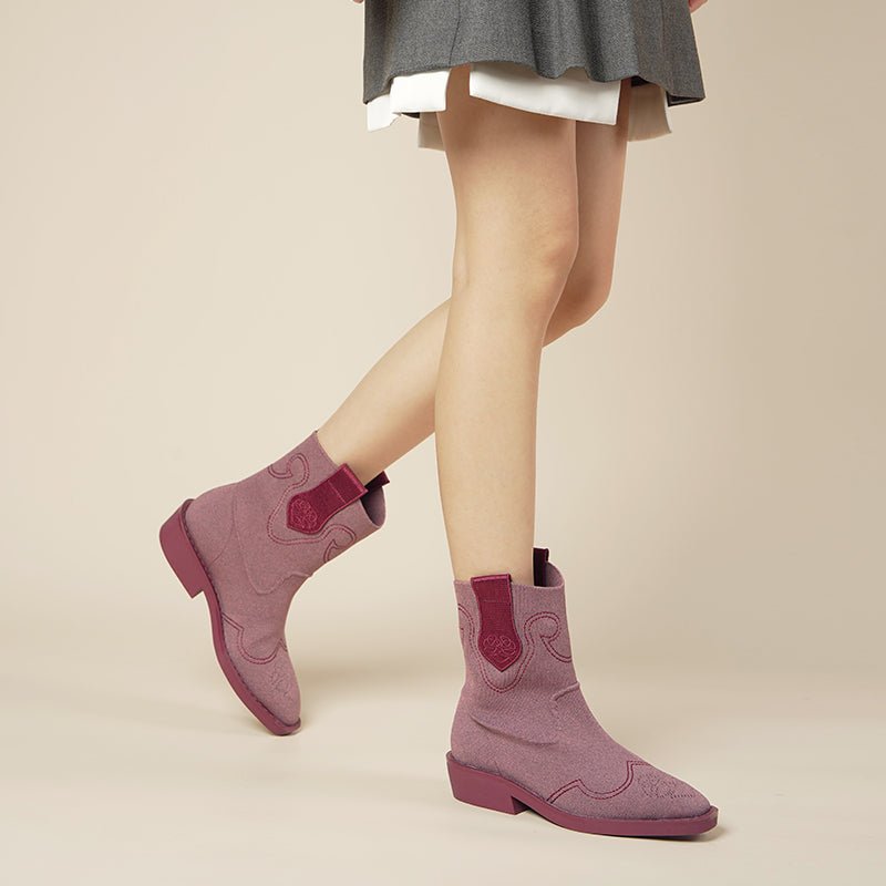 Knit Cowboy Boots – Pointed Toe Mid Calf Western Flat Boots
