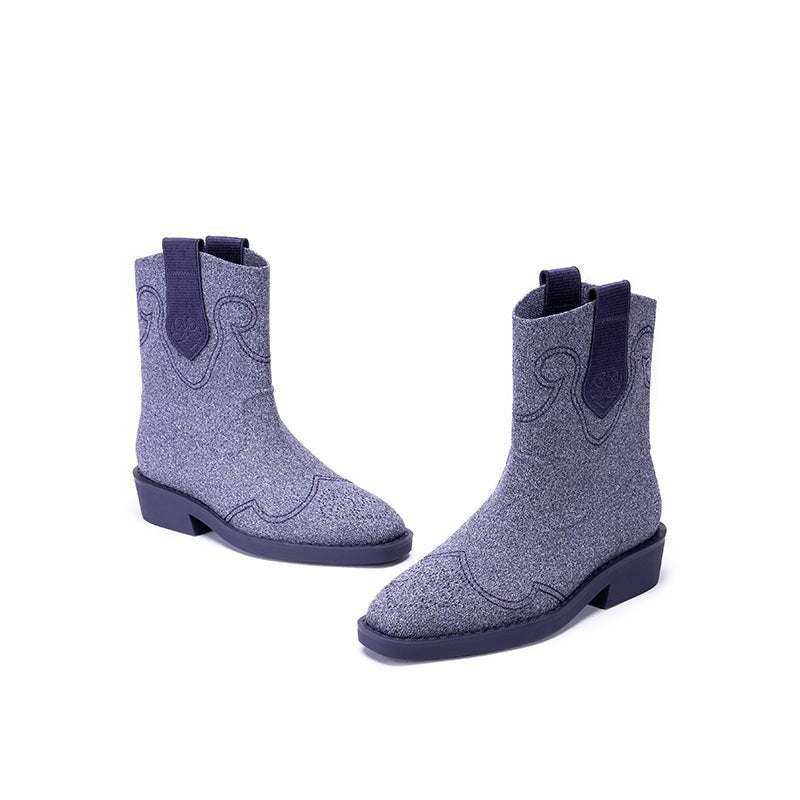 Knit Cowboy Boots – Pointed Toe Mid Calf Western Flat Boots