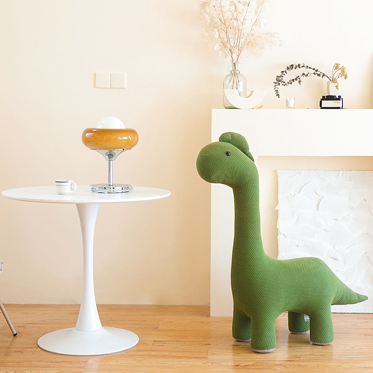 knitted green dinosaur stool all 2