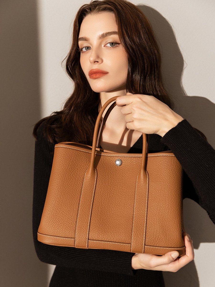 La Rochelle Pebbled Leather Top Handle Tote Bag – Structured Everyday Carryall with Contrast Stitching