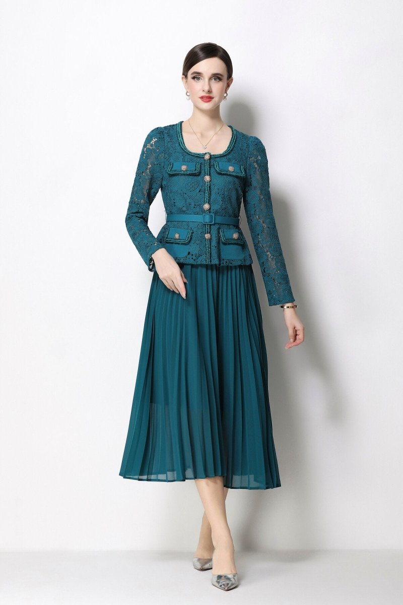 Lace Peplum Jacket & Pleated Skirt Set