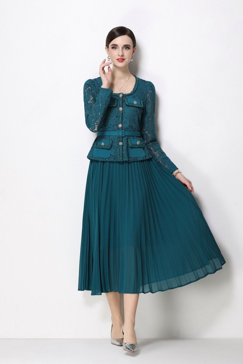 Lace Peplum Jacket & Pleated Skirt Set