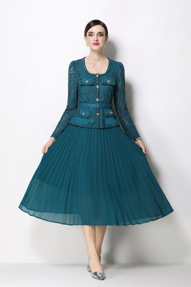 Lace Peplum Jacket & Pleated Skirt Set