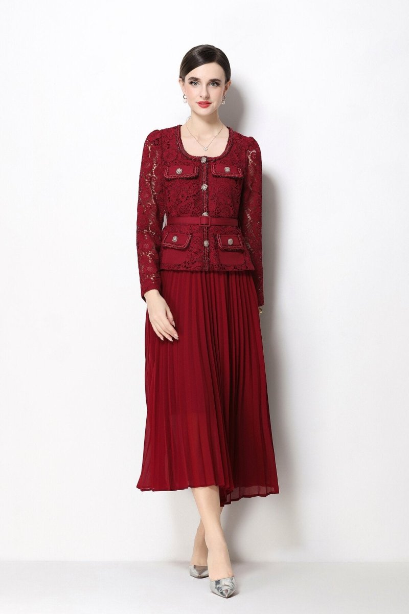 Lace Peplum Jacket & Pleated Skirt Set