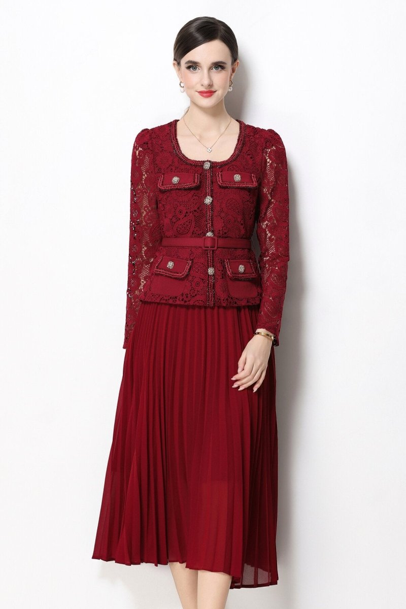 Lace Peplum Jacket & Pleated Skirt Set