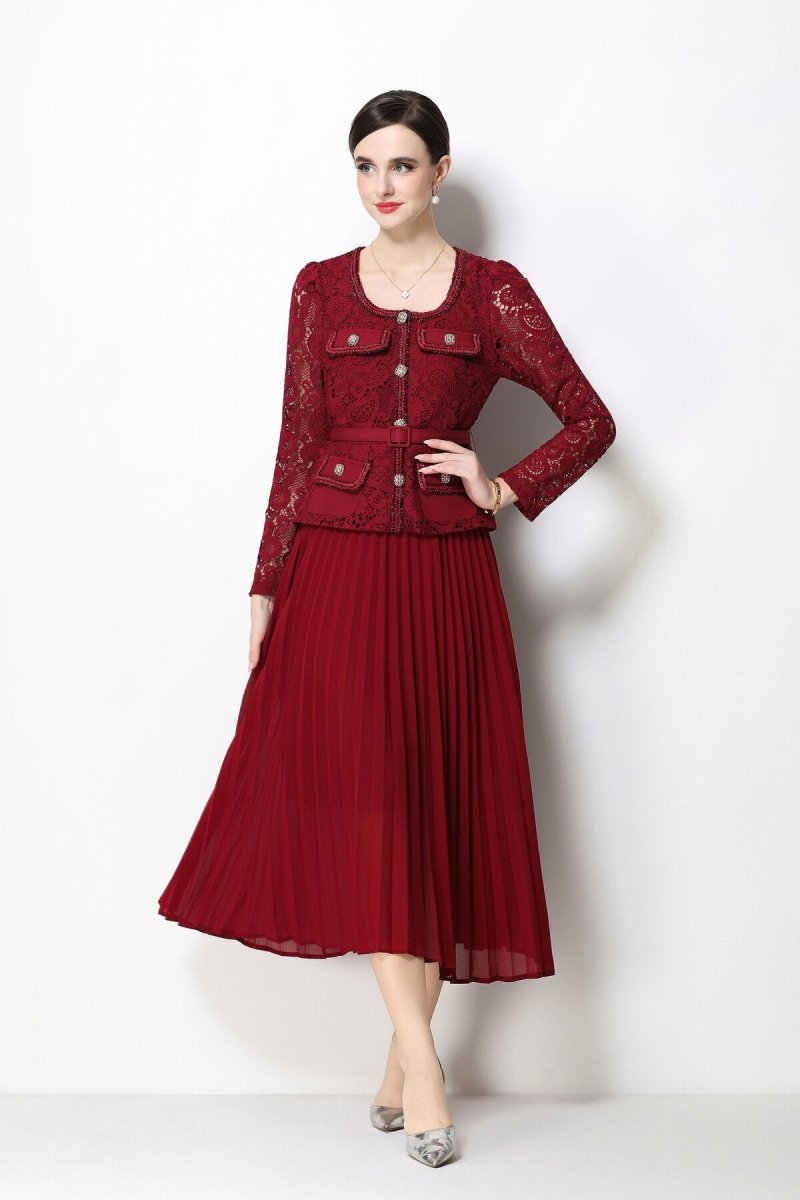 Lace Peplum Jacket & Pleated Skirt Set
