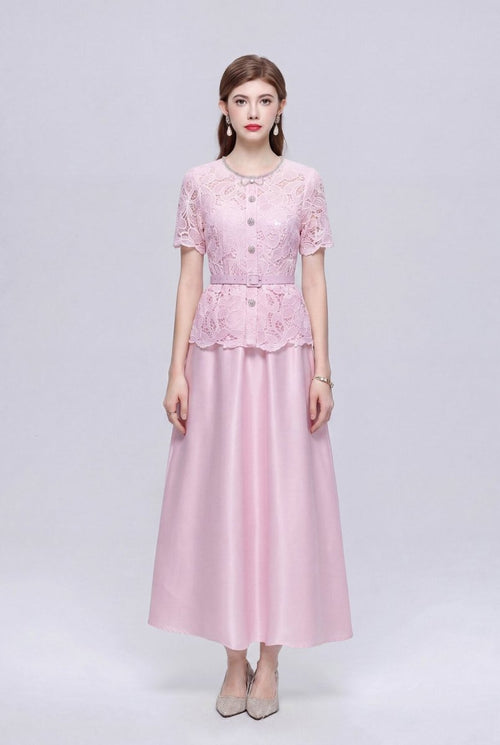 Lace Peplum Maxi Dress with Rhinestone Bow and Jewel Buttons